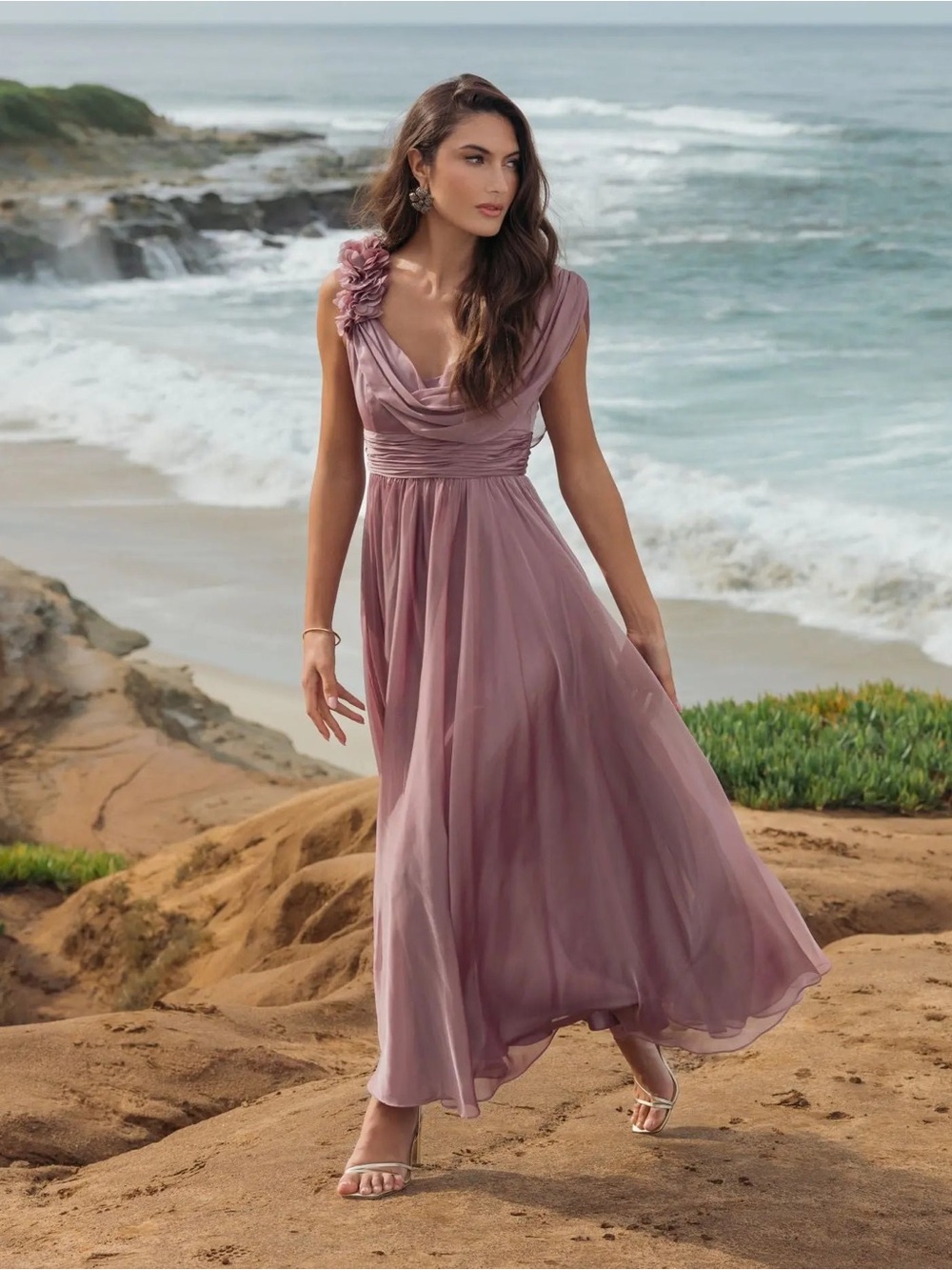 MAC DUGGAL Pink Chiffon Cowl Neck Dress With 3D Flowers